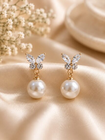 🦋 Rose Gold Butterfly Pearl Drop Earrings for Women | Elegant Crystal Pearl Stud Earrings | Korean Style Party Wear
