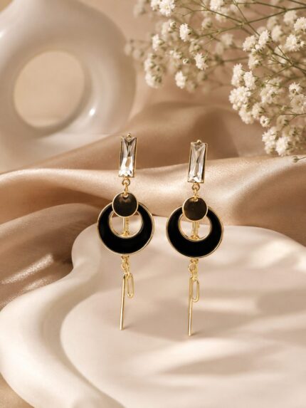 LAADDO Gold Plated White Circular Crystal Drop Earrings for Women | Elegant Party & Daily Wear Earrings