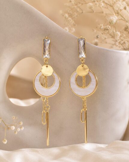 LAADDO Gold Plated White Circular Crystal Drop Earrings for Women | Elegant Party & Daily Wear Earrings