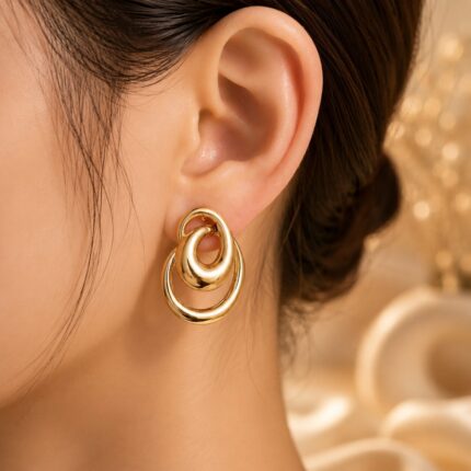 Luxury Gold Double Loop Statement Earrings for Women | Trendy Geometric Party Earrings