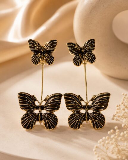 Luxury Black Butterfly Drop Earrings for Women | Elegant Gold-Tone Statement Earrings