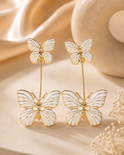 Luxury White Butterfly Drop Earrings for Women | Elegant Gold-Tone Statement Earrings