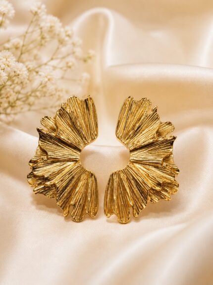 Luxury Gold Textured Fan Stud Earrings for Women | Statement Designer Party Earrings | LAADDO