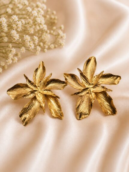 Luxury Gold Floral Statement Stud Earrings for Women | Designer Flower Party Earrings | LAADDO