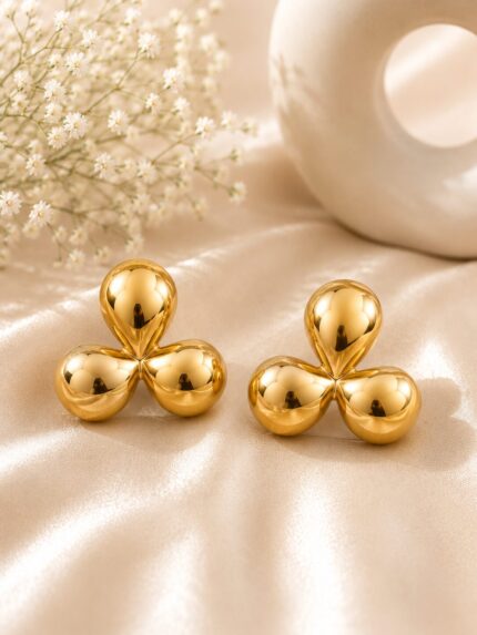 Luxury Gold Triple Petal Stud Earrings for Women | Glossy Statement Earrings