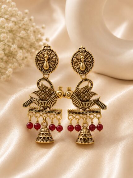 Traditional Antique Gold Peacock Jhumka Earrings with Ruby Red Beads | Vintage Ethnic Statement Earrings for Women