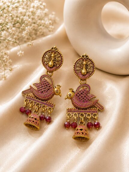Antique Gold Peacock Jhumka Earrings with Pink Enamel & Red Beads | Traditional Ethnic Drop Earrings for Women