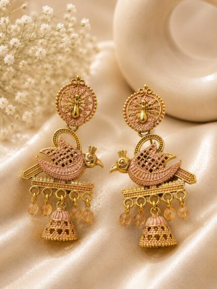 Antique Gold Peacock Jhumka Earrings with Blush Pink Enamel & Champagne Beads | Traditional Ethnic Drop Earrings for Women