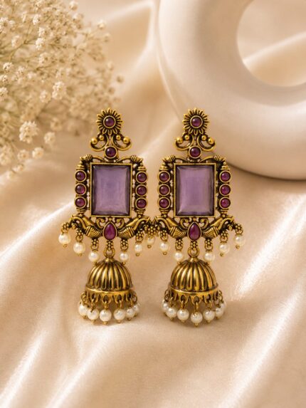 Antique Gold Temple Jhumka Earrings with Lavender Stone & Pearl Drops | Traditional Ethnic Earrings for Women