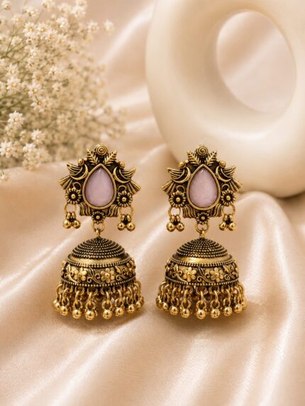 Antique Gold Temple Jhumka Earrings with Blush Pink Stone | Traditional Ethnic Bell Drop Earrings for Women