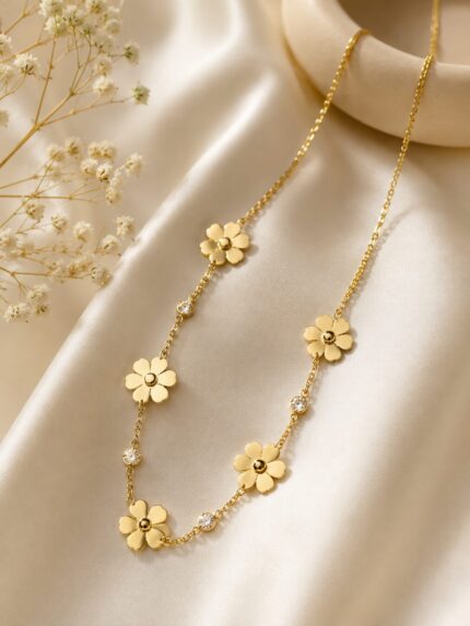 Elegant Gold Floral Stainless Steel Necklace with Zircon Stones | Anti-Tarnish 316L Jewellery