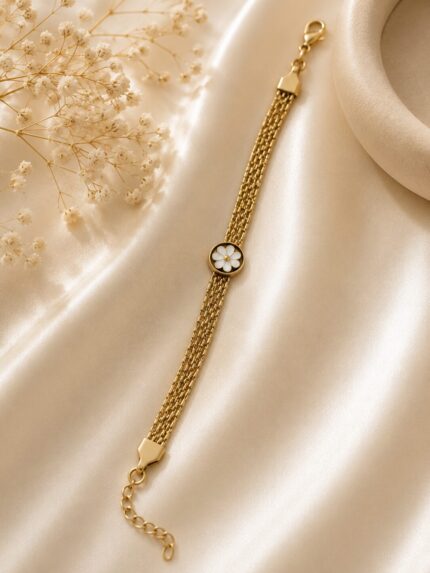 Elegant White Flower Multi-Layer Gold Bracelet | Stainless Steel Anti-Tarnish Bracelet for Women