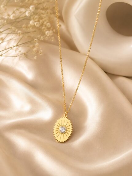 Stainless Steel Gold Sunburst Pendant Necklace for Women | Anti Tarnish Chain Necklace