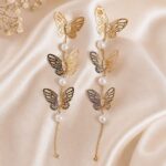 Golden Butterfly Pearl Drop Earrings