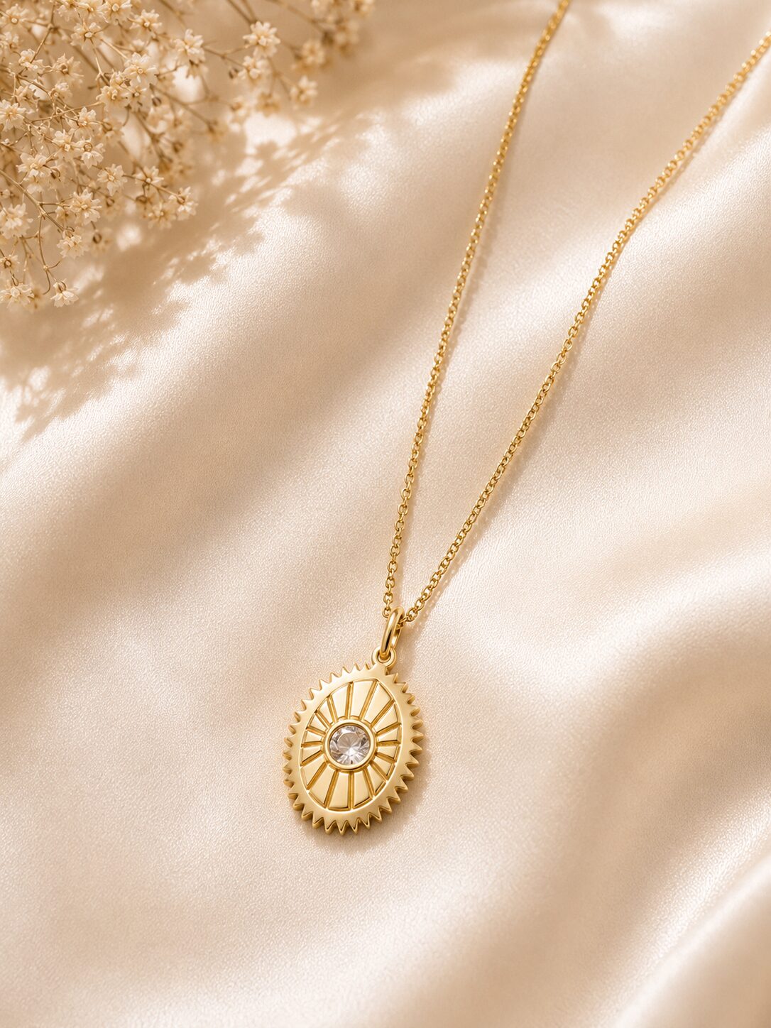 2026/07/16605.jpg Golden Sunburst Crystal Pendant Necklace - Image 1