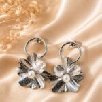 Silver Floral Pearl Hoop Earrings