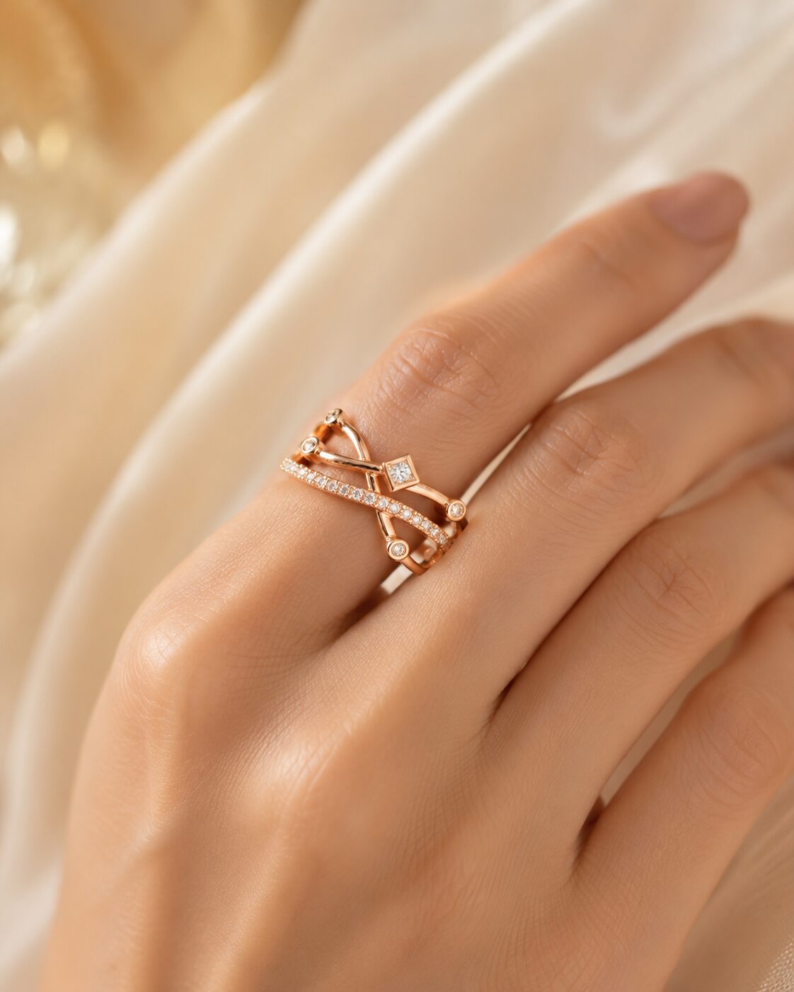 2026/07/16987.jpg Rose Gold Criss-Cross Crystal Ring - Image 1