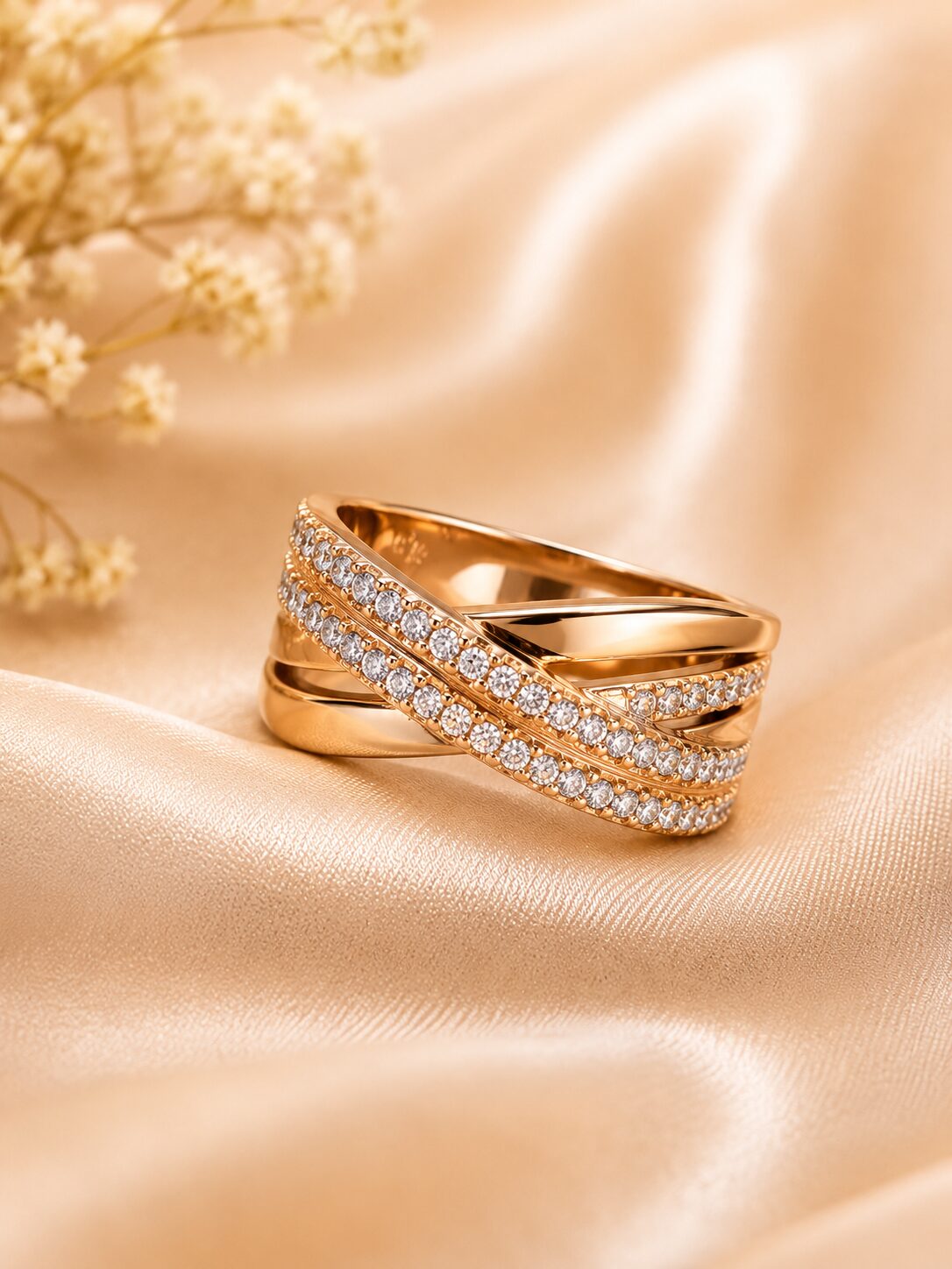 2026/07/17005.jpg Rose Gold Criss-Cross Pavé Ring - Image 1