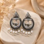 Oxidised Silver Bird Chandbali Earrings with Pearl Drops