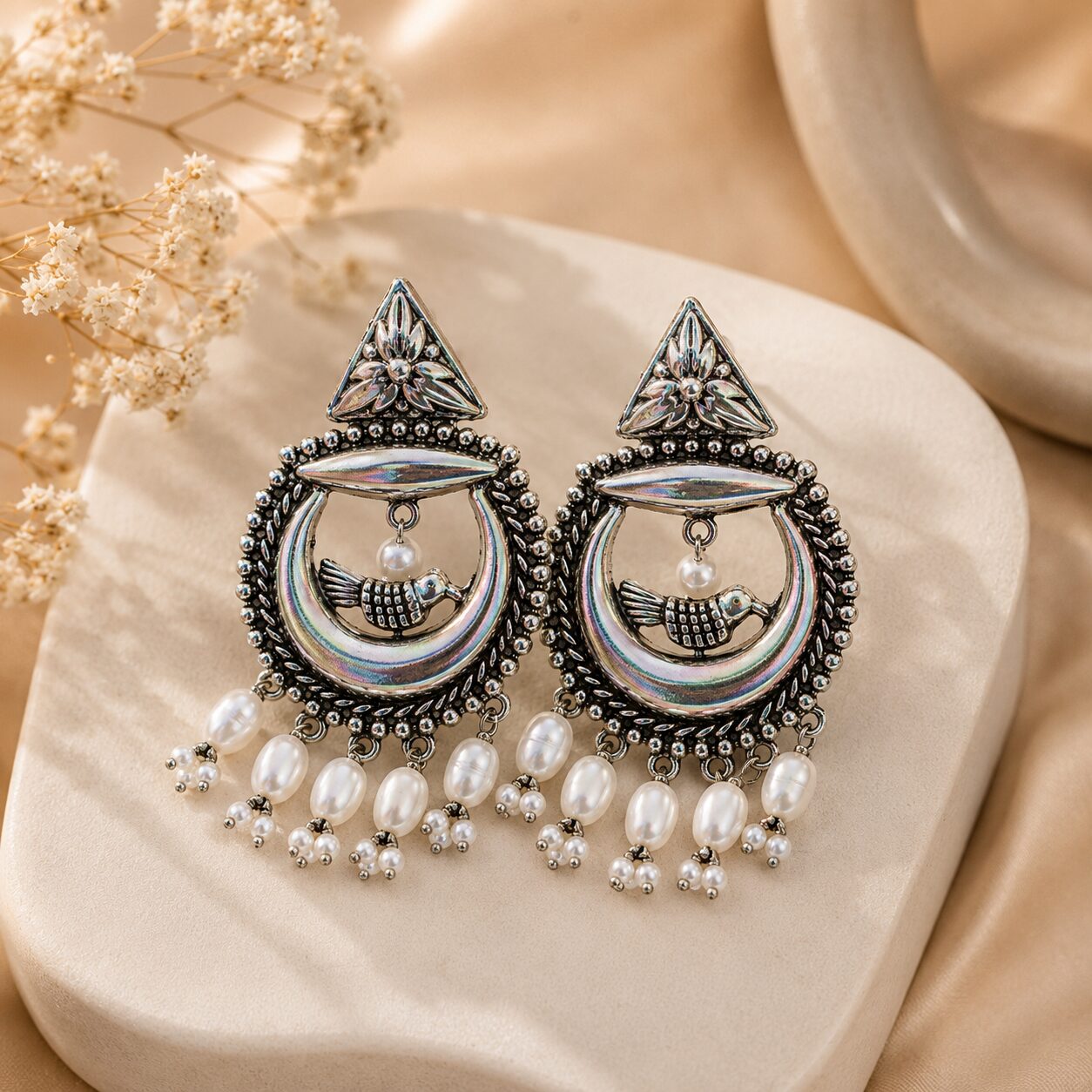 2026/07/17045.jpg Oxidised Silver Bird Chandbali Earrings with Pearl Drops - Image 1
