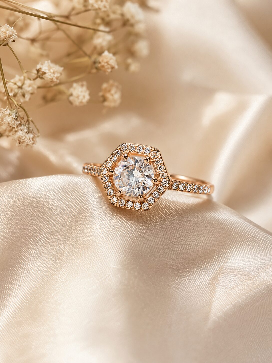 2026/07/17070.jpg Rose Gold Hexagon Halo Solitaire Ring - Image 1