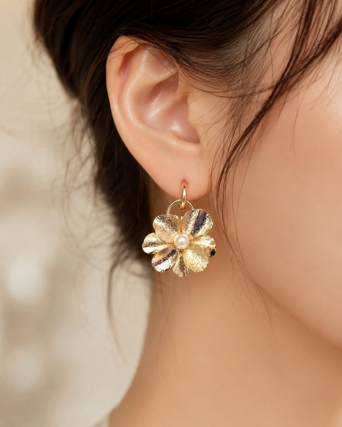 2026/07/17074-1.jpg Golden Pearl Blossom Hoop Earrings - Image 1