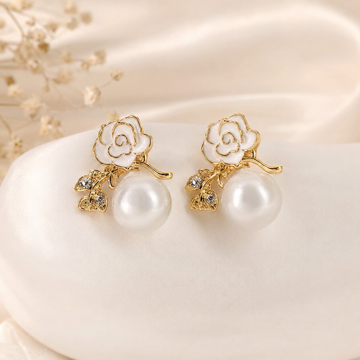 2026/07/17082.jpg Elegant White Rose Pearl Stud Earrings - Image 1