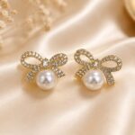 Sparkling Bow Pearl Stud Earrings