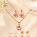 Pink Floral Pendant & Multi-Stud Earrings Jewellery Set