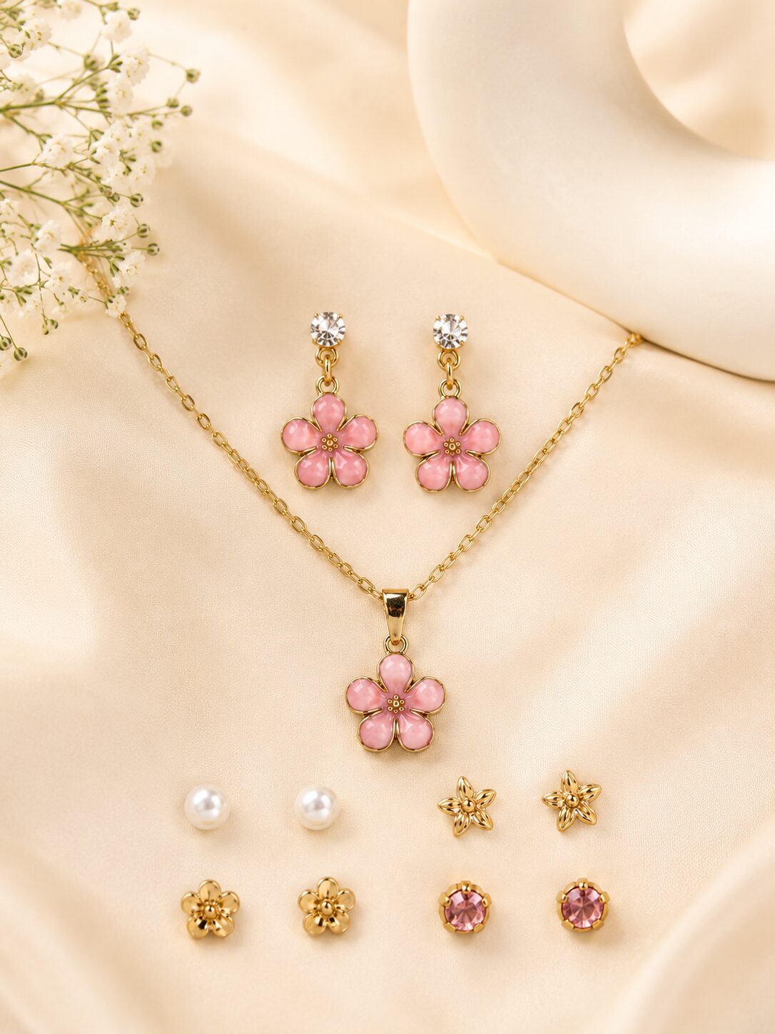 2026/07/17099.jpg Pink Floral Pendant & Multi-Stud Earrings Jewellery Set - Image 1