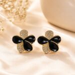 Black Enamel Crystal Floral Stud Earrings