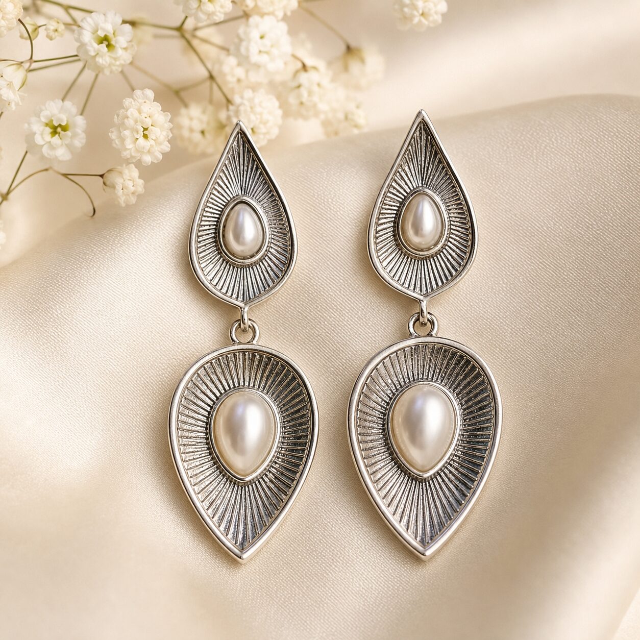 2026/07/17319.jpg Silver Pearl Teardrop Statement Earrings - Image 1