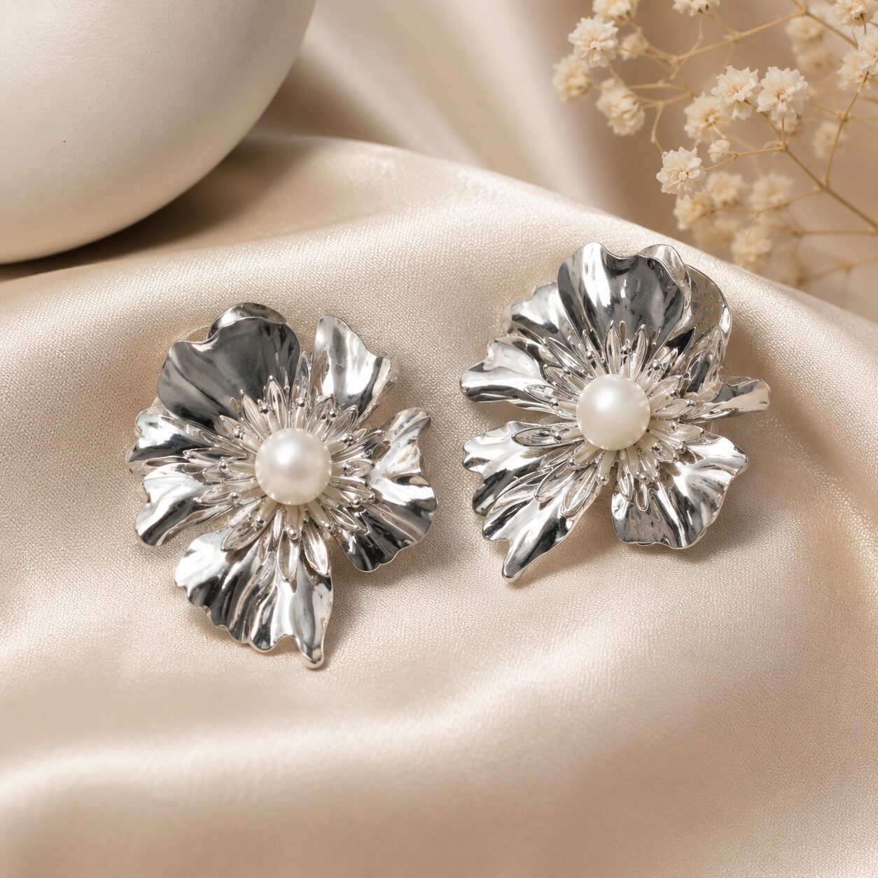 2026/07/17321.jpg Silver Pearl Bloom Statement Earrings - Image 1