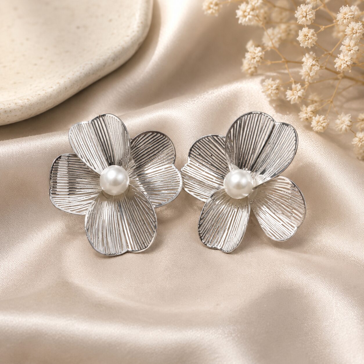 2026/07/17330.jpg Silver Pearl Petal Statement Earrings - Image 1