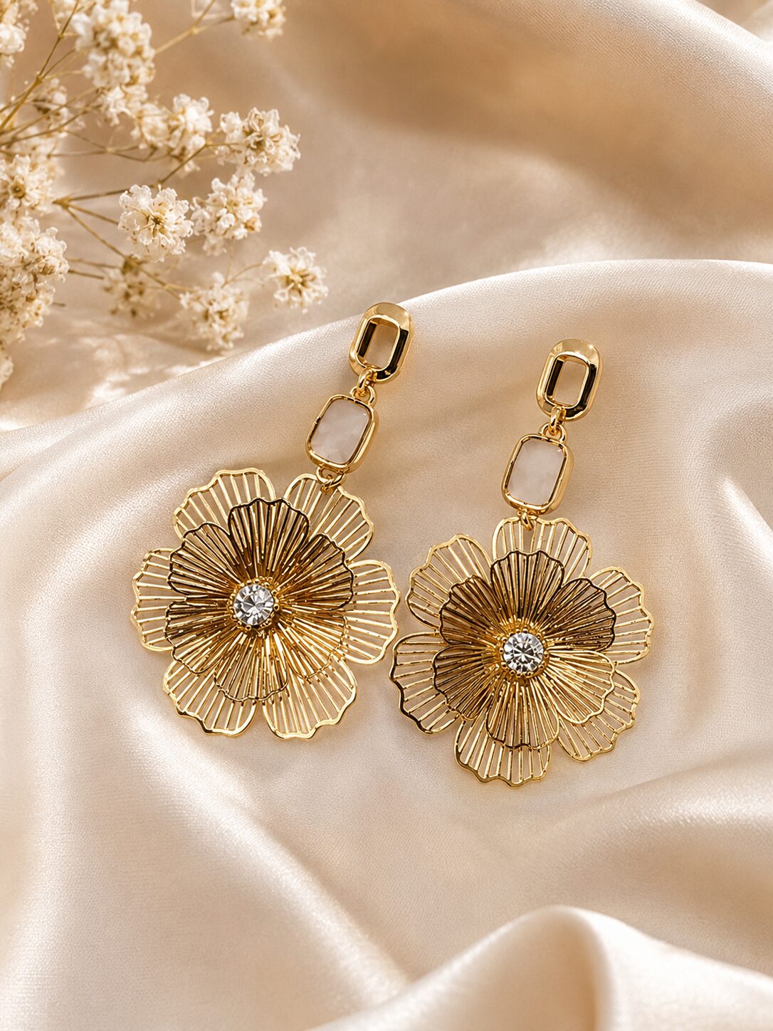 2026/07/17494.jpg Golden Bloom Crystal Floral Drop Earrings - Image 1