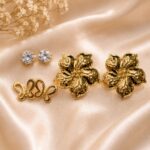 Golden Floral & Crystal Stud Earrings Combo Set