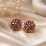 Pink Beaded Kundan Floral Stud Earrings
