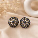 Navy Blue Beaded Kundan Floral Stud Earrings