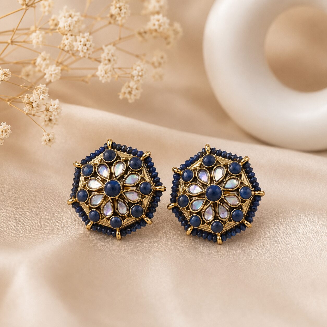 2026/07/17515.jpg Navy Blue Beaded Kundan Floral Stud Earrings - Image 1