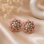 Pink Beaded Kundan Floral Hexagon Stud Earrings