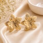 Golden Floral Leaf Statement Stud Earrings