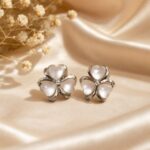 Elegant Pearl Heart Clover Stud Earrings – Silver Tone