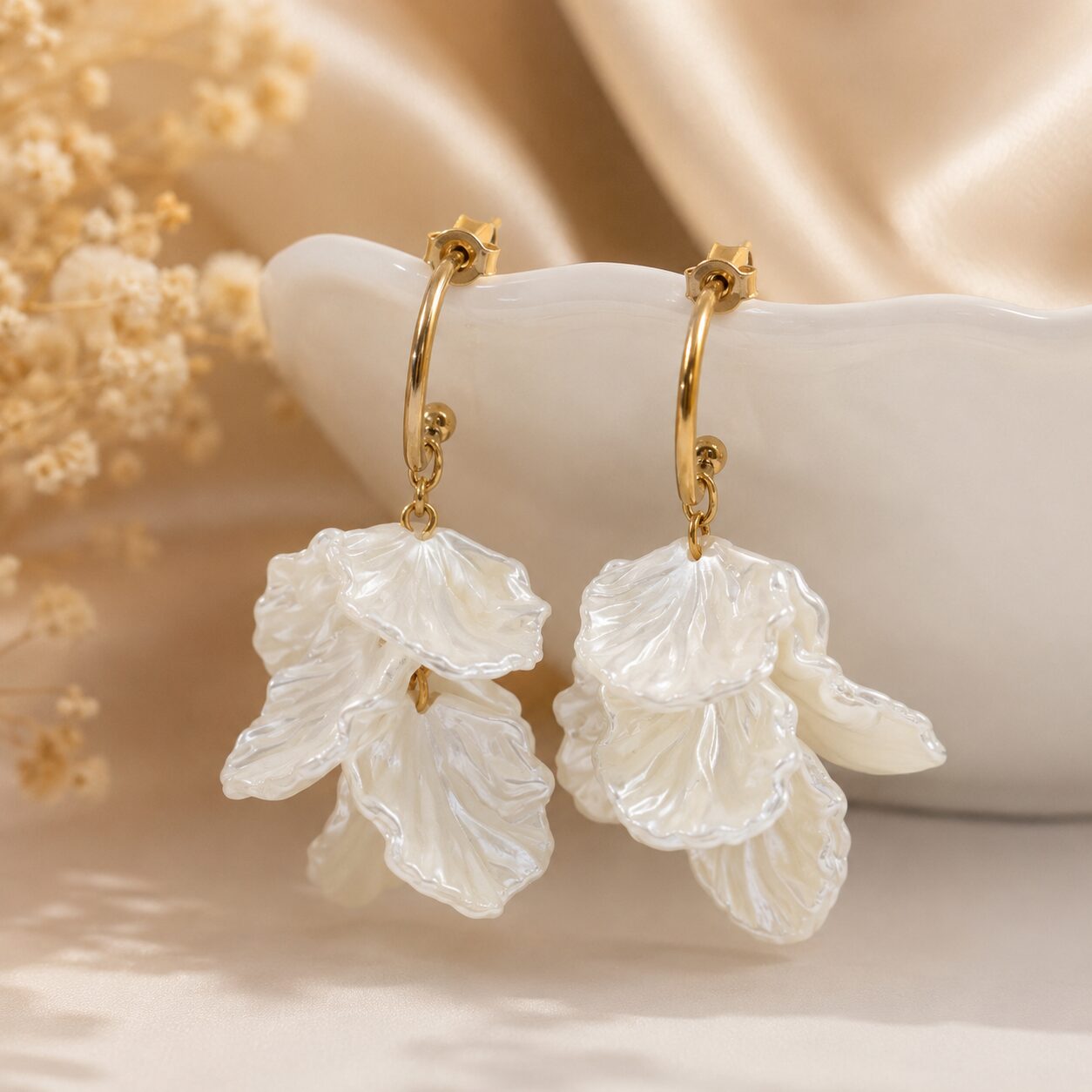 2026/07/17609.jpg Pearlescent Layered Flower Petal Drop Earrings – Gold Tone - Image 1