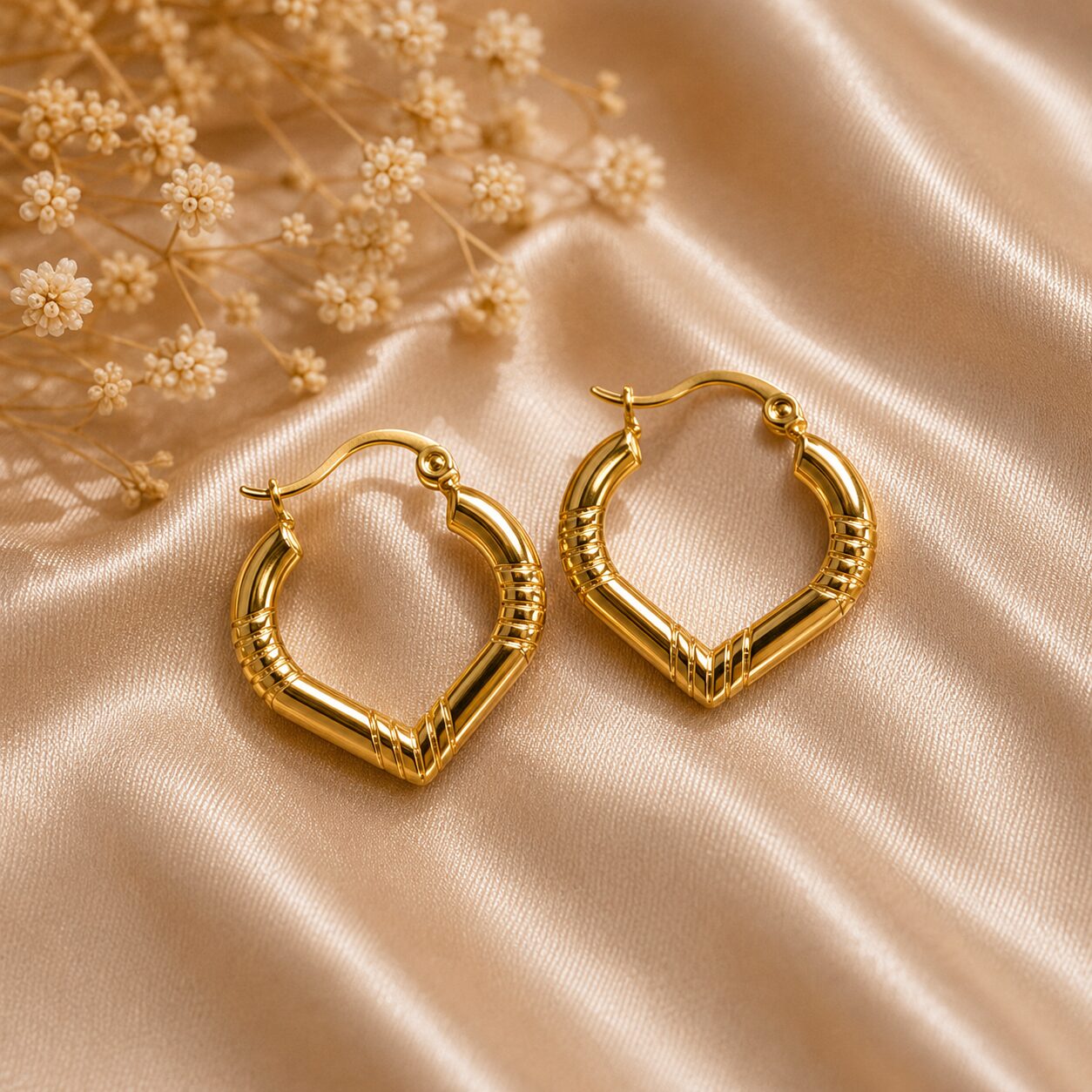 2026/07/17618.jpg Gold-Tone Ribbed Heart-Shaped Hoop Earrings - Image 1