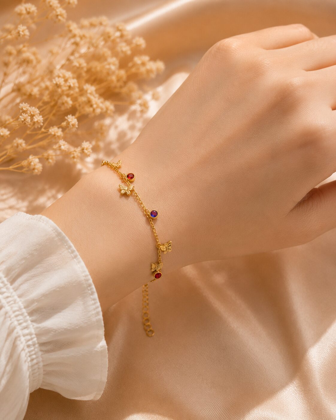 2026/07/17621.jpg Gold-Tone Butterfly Charm Bracelet with Multicolor Stones - Image 1