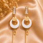 White Enamel Geometric Crystal Drop Earrings – Gold Tone