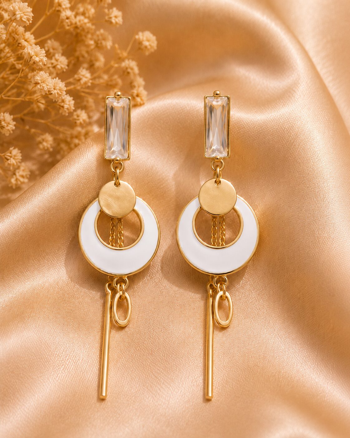 2026/07/17635.jpg White Enamel Geometric Crystal Drop Earrings – Gold Tone - Image 1