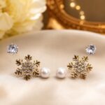 Alloy Crystal Snowflake & Pearl Stud Earrings Set for Women | Gold Plated Cubic Zirconia Ear Studs | Fashion Party Jewelry | 3 Pairs