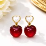 Gold Plated Alloy Heart & Cherry Drop Earrings for Women | Cute Red Resin Dangle Earrings | Korean Style Fashion Jewelry