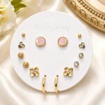 7 Pairs Gold Plated Alloy Stud Earrings Set for Women | Crystal, Flower, Hoop & Round Stud Earrings Combo | Fashion Jewelry